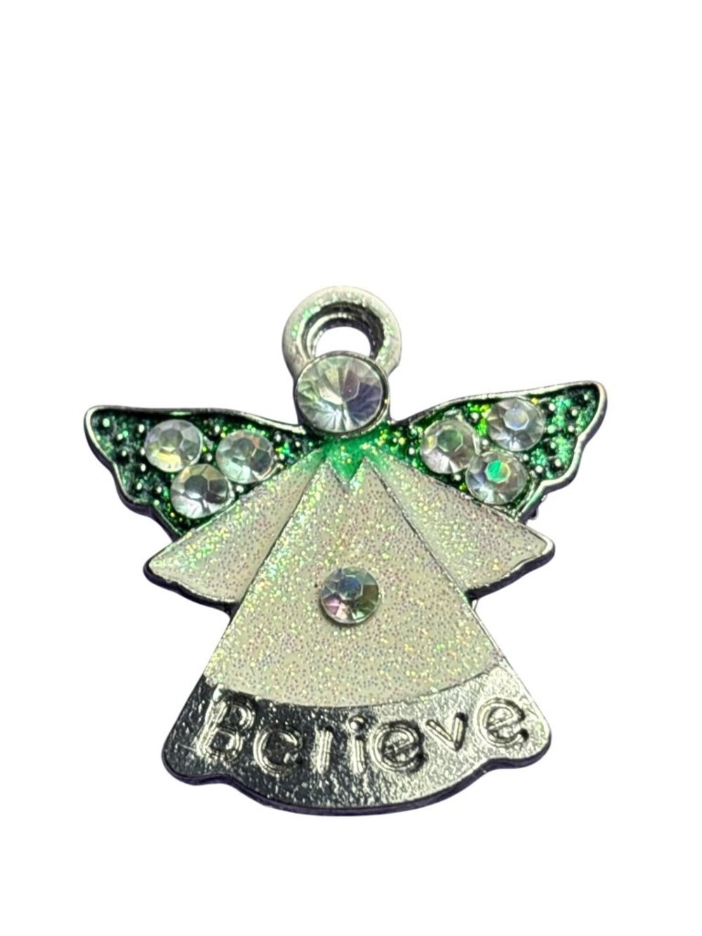 Vtg Silvertone Angel Brooch Pin Believe White Green Glitter Enamel AB Rhinestone